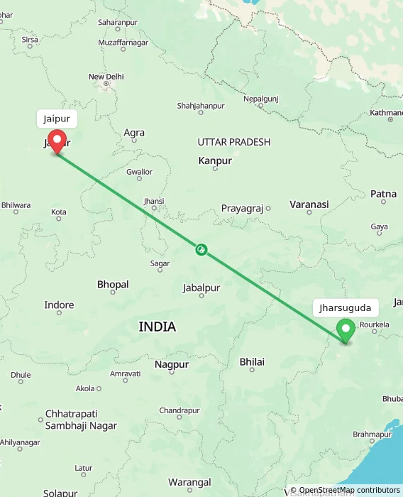 Route map showing distance and travel time from Jharsuguda, India to Jaipur, India