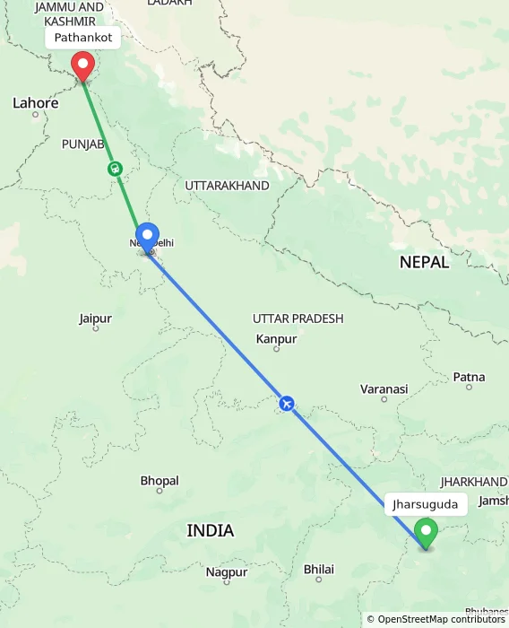 Route map showing distance and travel time from Jharsuguda, India to Pathankot, India