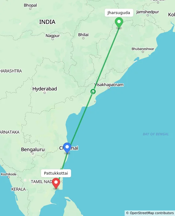 Route map showing distance and travel time from Jharsuguda, India to Pattukkottai, India