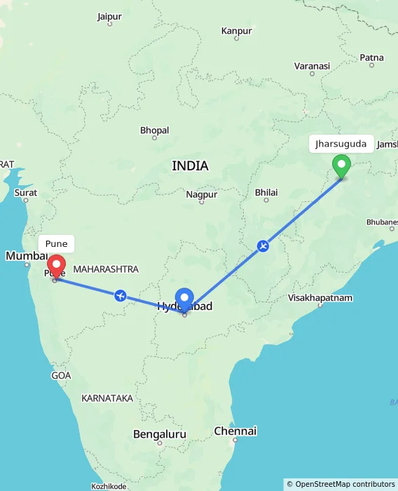 Route map showing distance and travel time from Jharsuguda, India to Pune, India
