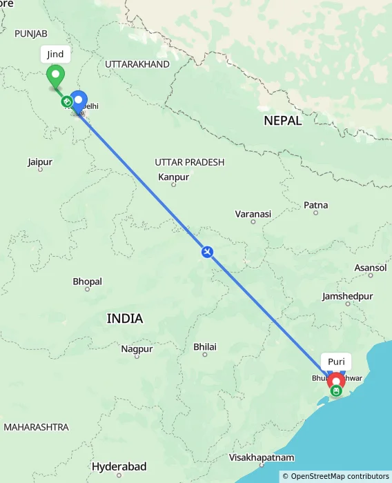 Route map showing distance and travel time from Jind, India to Puri, India