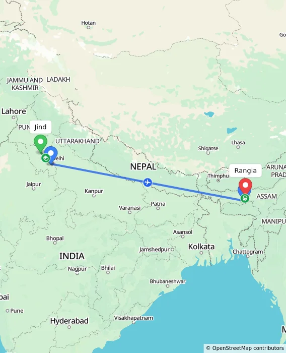 Route map showing distance and travel time from Jind, India to Rangia, India