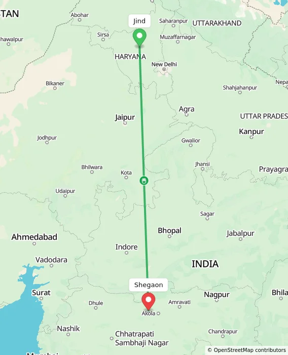 Route map showing distance and travel time from Jind, India to Shegaon, India