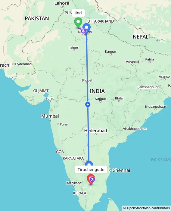 Route map showing distance and travel time from Jind, India to Tiruchengode, India