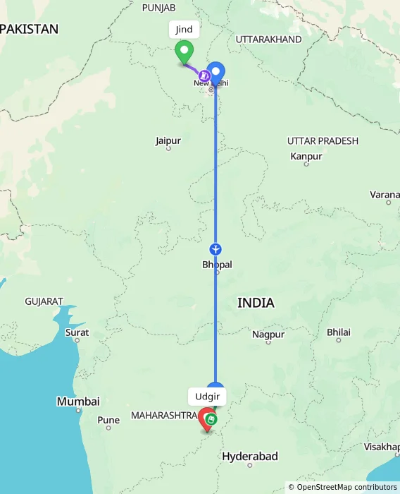 Route map showing distance and travel time from Jind, India to Udgir, India
