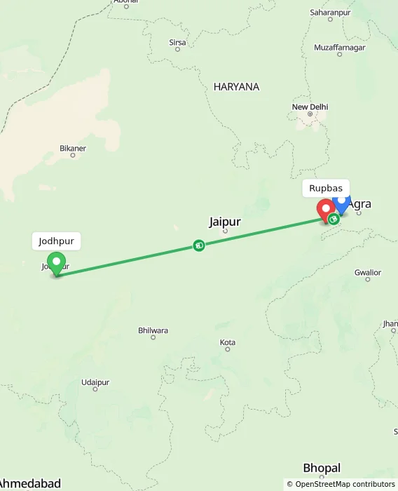 Route map showing distance and travel time from Jodhpur, India to Rupbas, India