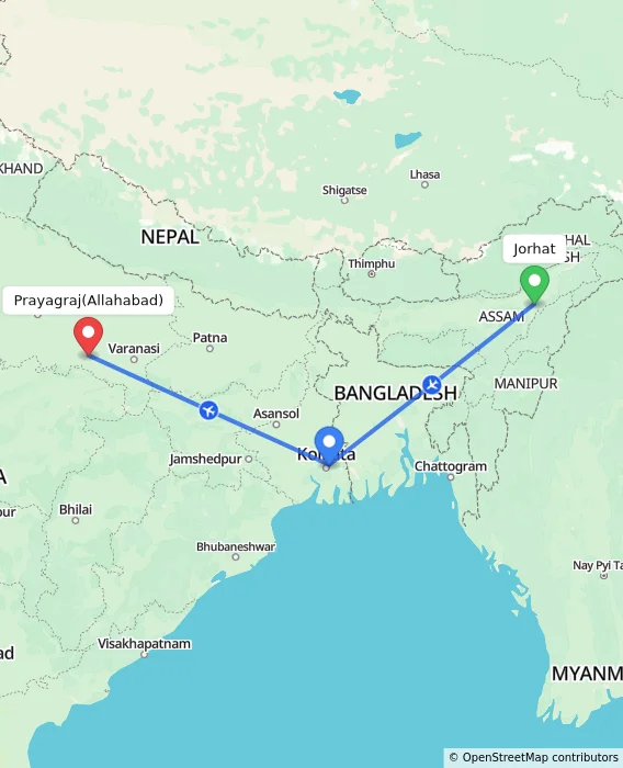 Route map showing distance and travel time from Jorhat, India to Allahabad, India