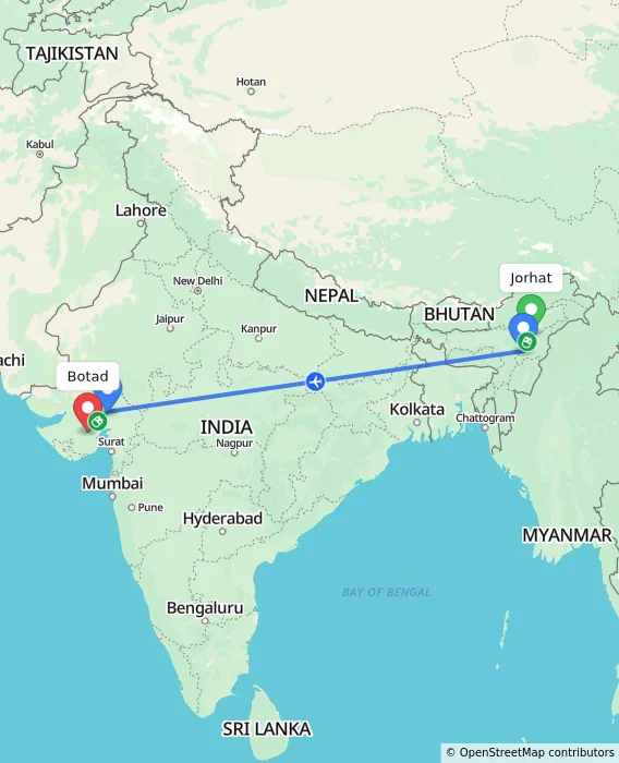Route map showing distance and travel time from Jorhat, India to Botad, India