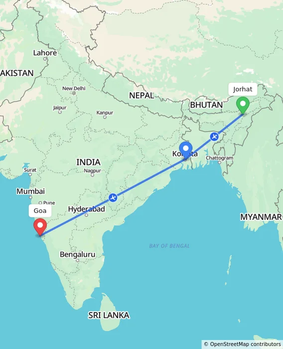 Route map showing distance and travel time from Jorhat, India to Goa, India