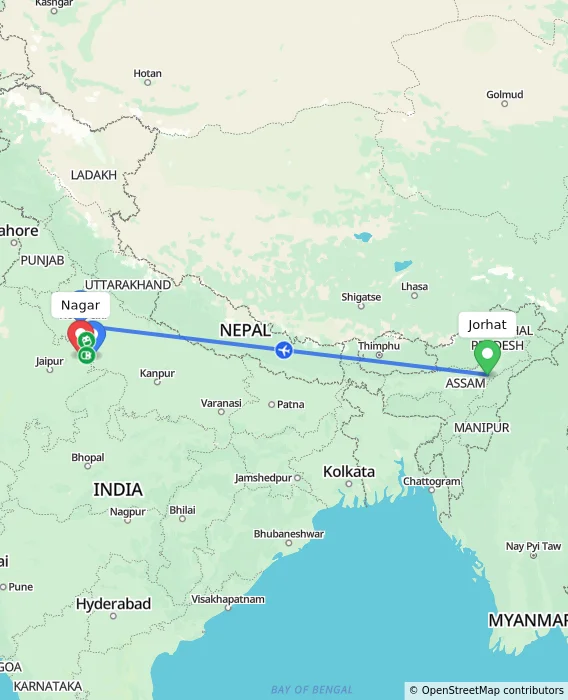 Route map showing distance and travel time from Jorhat, India to Nagar, India