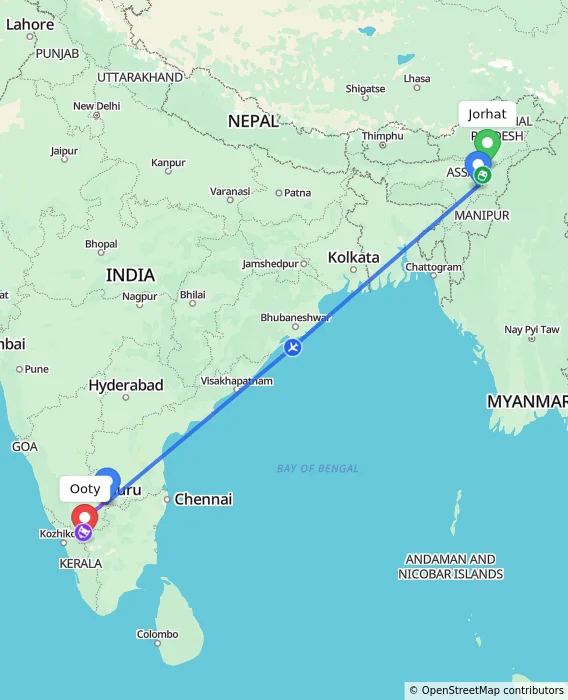 Route map showing distance and travel time from Jorhat, India to Ooty, India