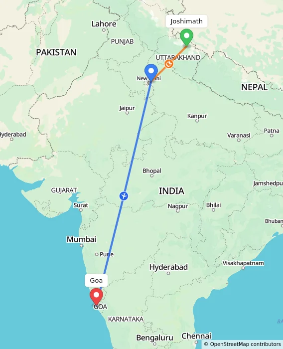 Route map showing distance and travel time from Joshimath, India to Goa, India