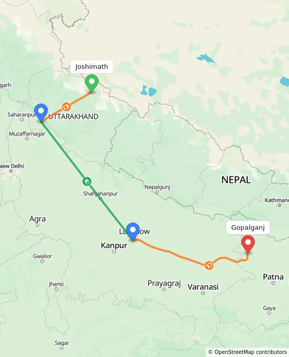 Route map showing distance and travel time from Joshimath, India to Gopalganj, India