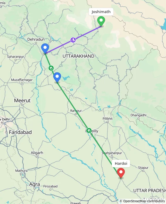 Route map showing distance and travel time from Joshimath, India to Hardoi, India
