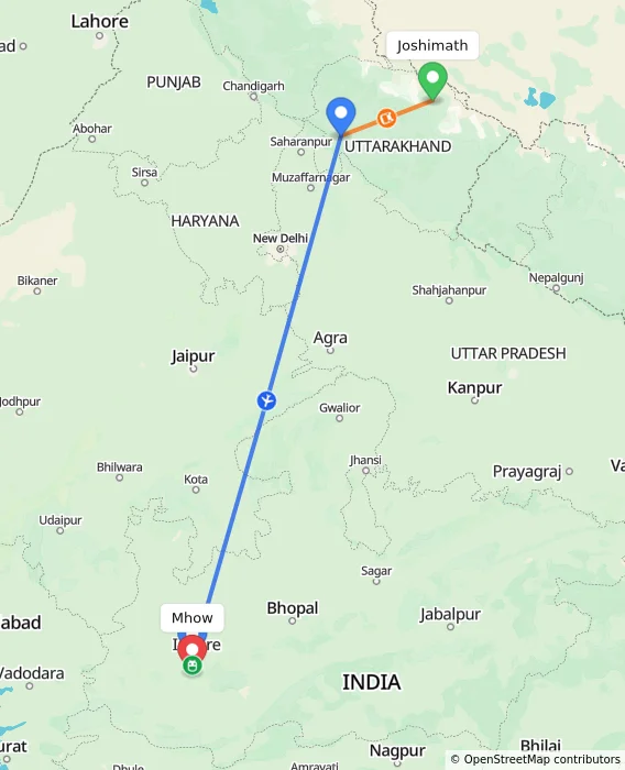 Route map showing distance and travel time from Joshimath, India to Mhow, India