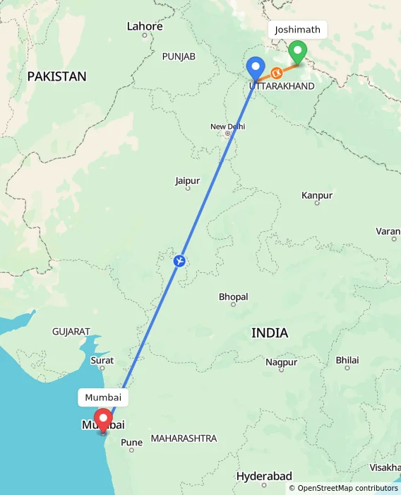 Route map showing distance and travel time from Joshimath, India to Mumbai, India