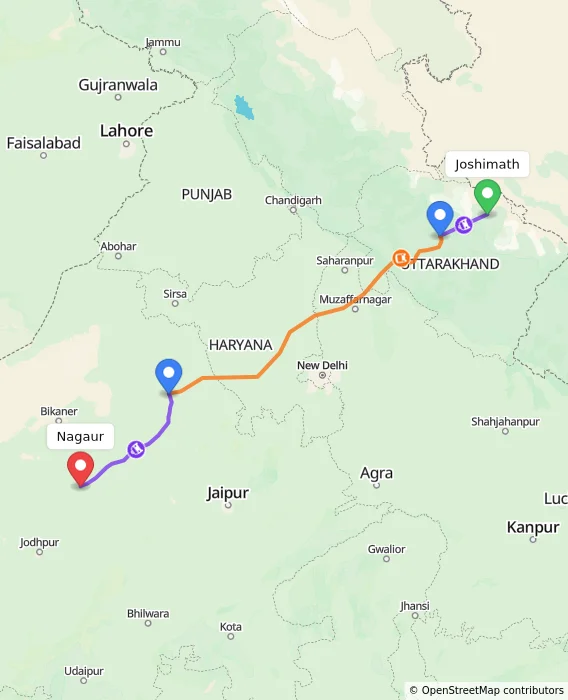 Route map showing distance and travel time from Joshimath, India to Nagaur, India