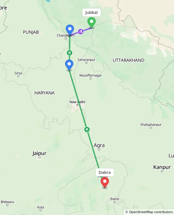Route map showing distance and travel time from Jubbal, India to Dabra, India