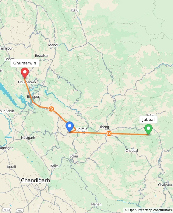 Route map showing distance and travel time from Jubbal, India to Ghumarwin, India