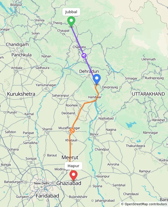 Route map showing distance and travel time from Jubbal, India to Hapur, India