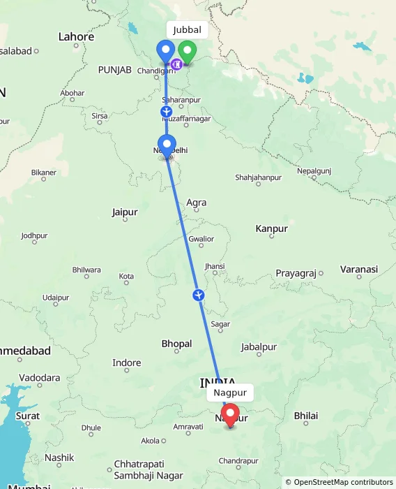 Route map showing distance and travel time from Jubbal, India to Nagpur, India