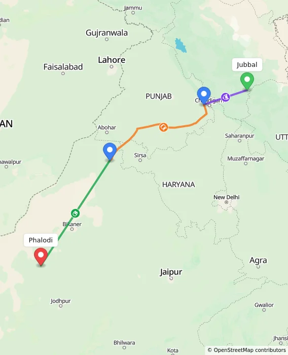 Route map showing distance and travel time from Jubbal, India to Phalodi, India