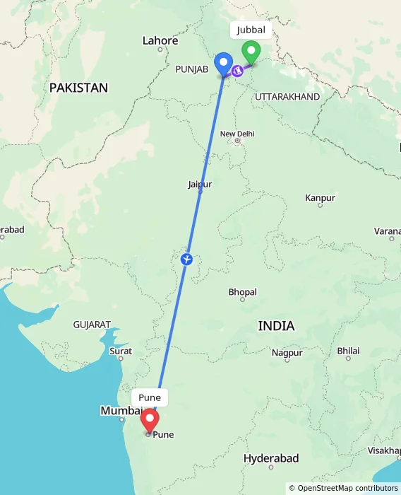 Route map showing distance and travel time from Jubbal, India to Pune, India