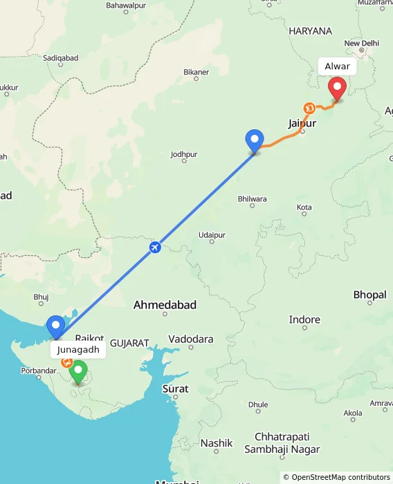 Route map showing distance and travel time from Junagadh, India to Alwar, India