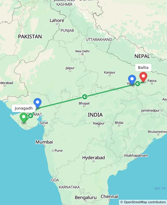Route map showing distance and travel time from Junagadh, India to Ballia, India