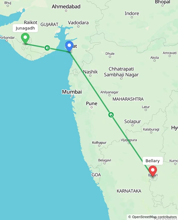 Route map showing distance and travel time from Junagadh, India to Bellary, India