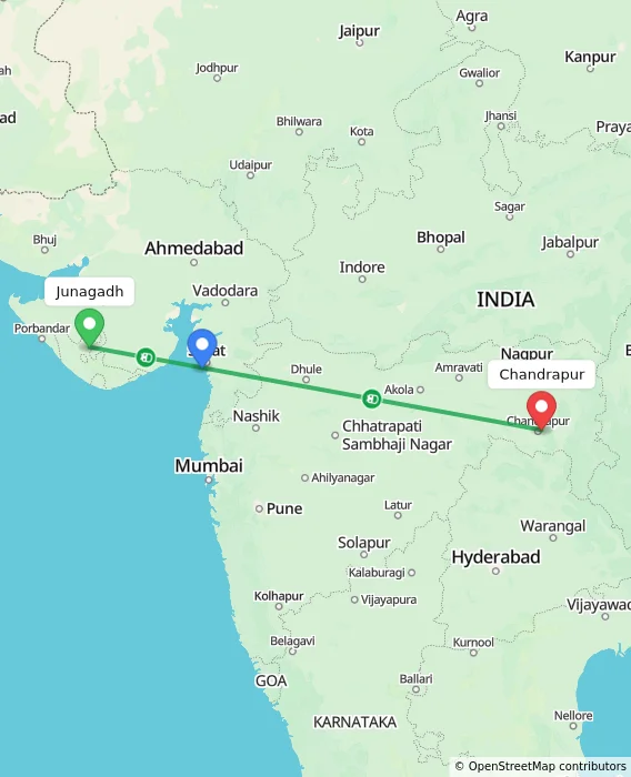 Route map showing distance and travel time from Junagadh, India to Chandrapur, India