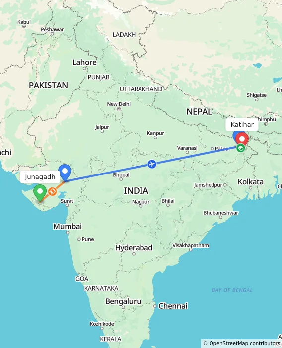 Route map showing distance and travel time from Junagadh, India to Katihar, India