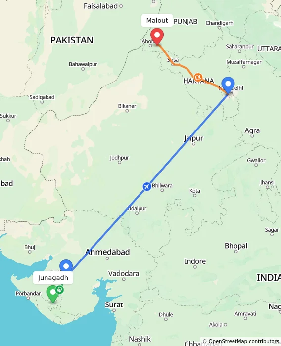 Route map showing distance and travel time from Junagadh, India to Malout, India