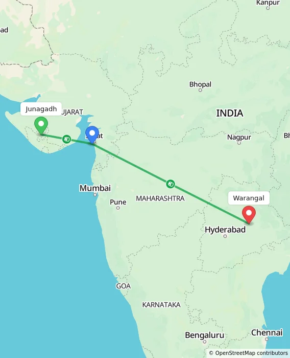 Route map showing distance and travel time from Junagadh, India to Warangal, India
