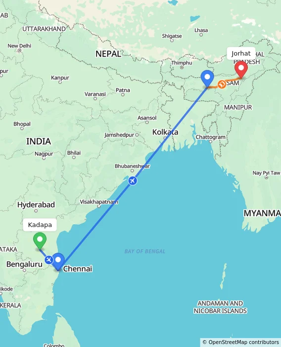 Route map showing distance and travel time from Kadapa, India to Jorhat, India