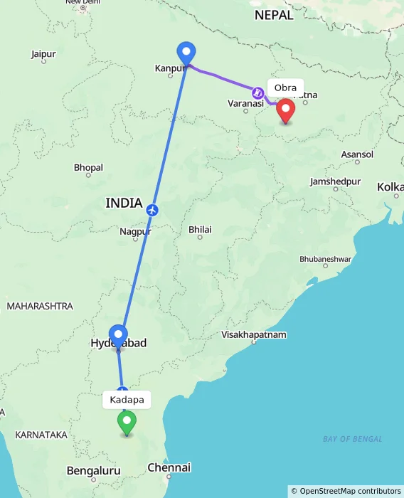 Route map showing distance and travel time from Kadapa, India to Obra, India