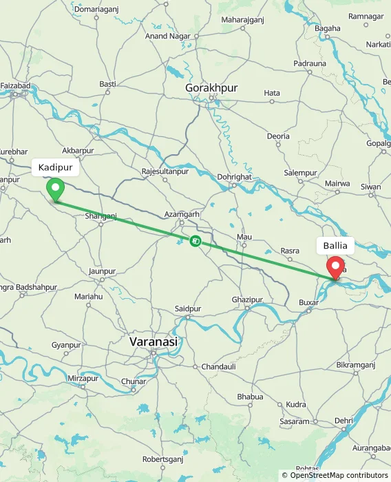 Route map showing distance and travel time from Kadipur, India to Ballia, India