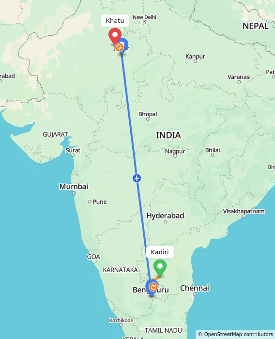 Route map showing distance and travel time from Kadiri, India to Khatu, India