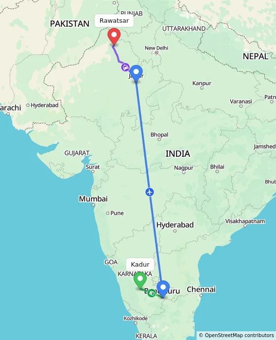 Route map showing distance and travel time from Kadur, India to Rawatsar, India