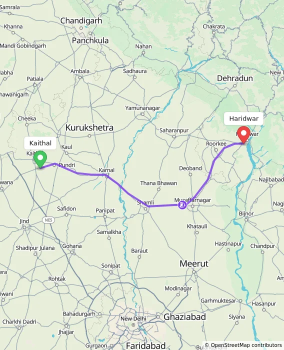 Route map showing distance and travel time from Kaithal, India to Haridwar, India