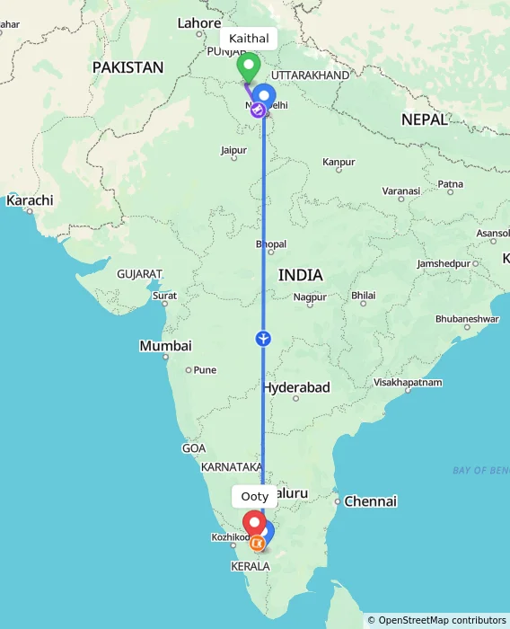 Route map showing distance and travel time from Kaithal, India to Ooty, India