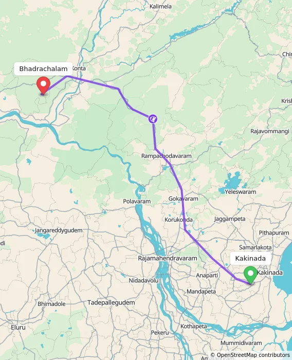 Route map showing distance and travel time from Kakinada, India to Bhadrachalam, India