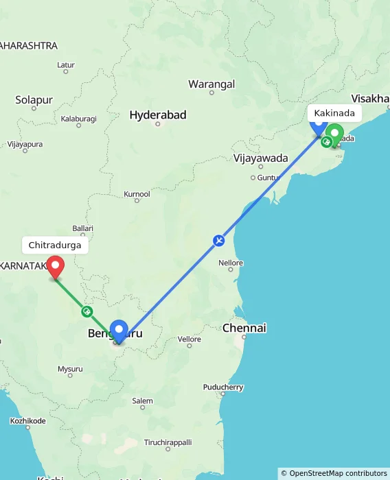 Route map showing distance and travel time from Kakinada, India to Chitradurga, India