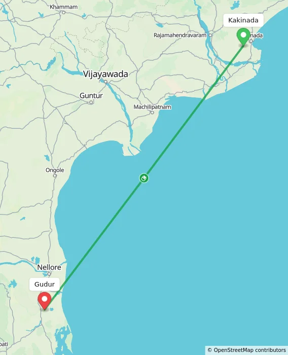 Route map showing distance and travel time from Kakinada, India to Gudur, India