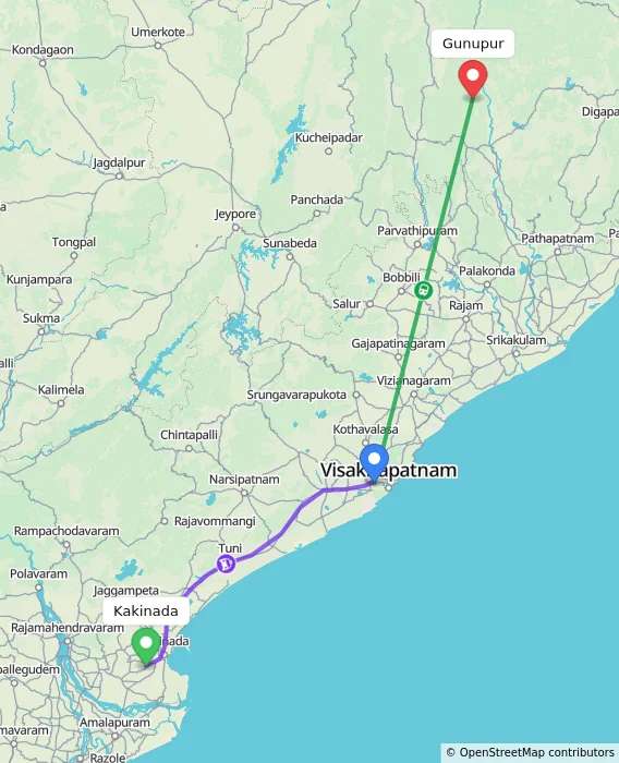 Route map showing distance and travel time from Kakinada, India to Gunupur, India