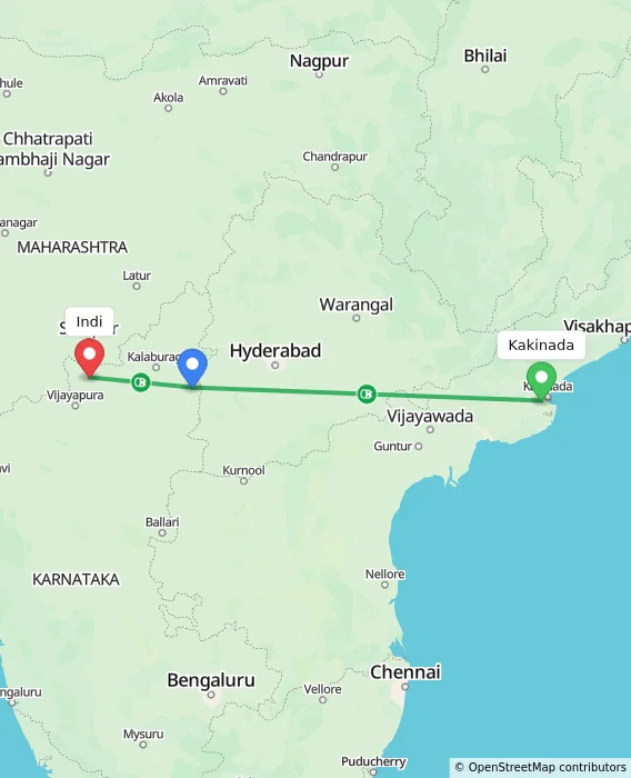 Route map showing distance and travel time from Kakinada, India to Indi, India