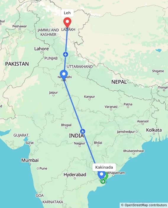 Route map showing distance and travel time from Kakinada, India to Leh, India