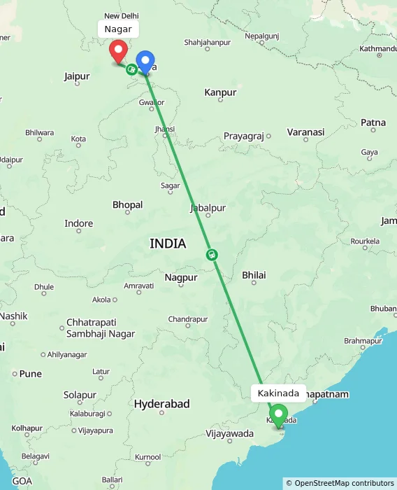 Route map showing distance and travel time from Kakinada, India to Nagar, India