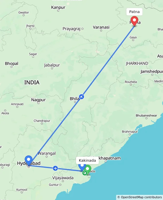 Route map showing distance and travel time from Kakinada, India to Patna, India