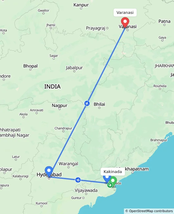 Route map showing distance and travel time from Kakinada, India to Varanasi, India